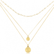 Kettingen van Stainless steel Roestvrij staal (RVS) 3 layer coin & pearl Goud