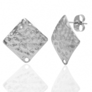 Oorbellen van Stainless steel Roestvrij staal (RVS) oorsteker square hammered met oogje Zilver
