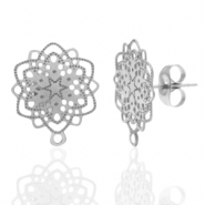 Oorbellen van Stainless steel Roestvrij staal (RVS) oorsteker bohemian flower met oogje Zilver