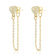 TQ metaal brass oorstekers heart met ketting Gold-crystal
