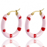 Oorbellen van Stainless steel Roestvrij staal (RVS) creolen enamel 26mm Soft light pink red-gold