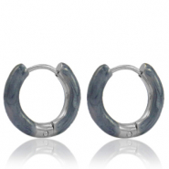 Oorbellen van Stainless steel Roestvrij staal (RVS) creolen enamel 16mm Blue grey-silver
