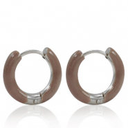 Oorbellen van Stainless steel Roestvrij staal (RVS) creolen enamel 16mm Rosewood brown-silver