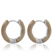 Oorbellen van Stainless steel Roestvrij staal (RVS) creolen enamel 16mm Smokey beige-silver