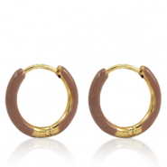 Oorbellen van Stainless steel Roestvrij staal (RVS) creolen enamel 14mm Russet brown-gold