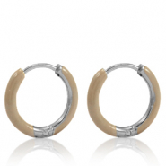 Oorbellen van Stainless steel Roestvrij staal (RVS) creolen enamel 14mm Beige brown-silver