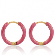 Oorbellen van Stainless steel Roestvrij staal (RVS) creolen enamel 14mm Punch pink-gold