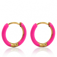 Oorbellen van Stainless steel Roestvrij staal (RVS) creolen enamel 17mm Berry pink-gold