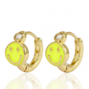 TQ metaal brass oorbellen creolen enamel smiley Yellow crystal-gold