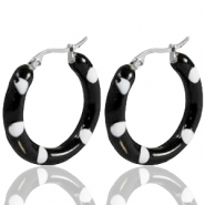 Oorbellen van Stainless steel Roestvrij staal (RVS) creolen enamel 40mm Black white-silver