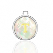Bedels van Stainless steel Roestvrij staal (RVS) bedels 12mm shell initial&nbsp;T White (natuurlijke kleur)-silver