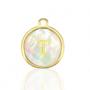 Bedels van Stainless steel Roestvrij staal (RVS) bedels 12mm shell initial&nbsp;T White (natuurlijke kleur)-gold