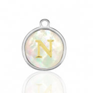 Bedels van Stainless steel Roestvrij staal (RVS) bedels 12mm shell initial&nbsp;N White (natuurlijke kleur)-silver