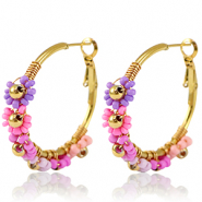 Oorbellen van Stainless steel Roestvrij staal (RVS) creolen bloem 35mm Gold-pink purple