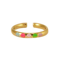 Ringen van Stainless steel Roestvrij staal (RVS) enamel smiley Neon multicolour-gold