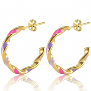 Oorbellen van Stainless steel Roestvrij staal (RVS) Multicolour pink purple lilac-gold