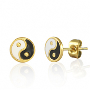 Oorbellen / oorstekers van Stainless steel Roestvrij staal (RVS) Yin & Yang 7mm Goud-zwart wit