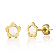 Oorbellen / oorstekers van Stainless steel Roestvrij staal (RVS) flower Goud-parelwit