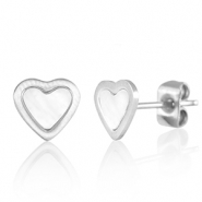 Oorbellen / oorstekers van Stainless steel Roestvrij staal (RVS) heart Zilver-parelwit