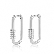 TQ metaal brass oorbellen creolen zirkonia oval Silver
