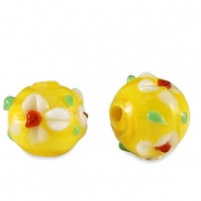 Handgeschilderde glaskralen flower Yellow-white