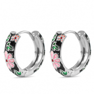 TQ metaal brass creolen met enamel bloem Silver-black pink