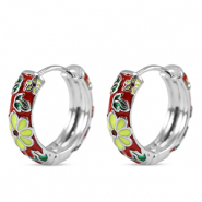 TQ metaal brass creolen met enamel bloem Silver-red yellow