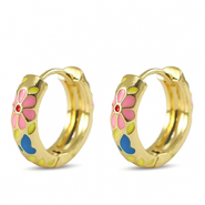 TQ metaal brass creolen met enamel bloem Gold-pink yellow