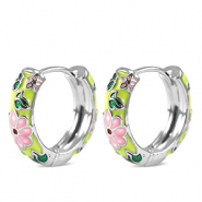 TQ metaal brass creolen met enamel bloem Silver-pink yellow