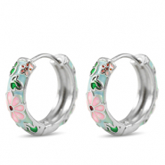 TQ metaal brass creolen met enamel bloem Silver-pink blue