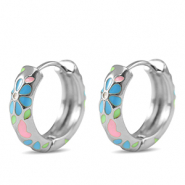 TQ metaal brass creolen met enamel bloem Silver-pink blue