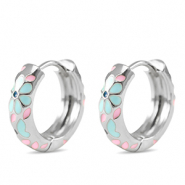 TQ metaal brass creolen met enamel bloem Silver-blue pink