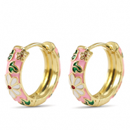 TQ metaal brass creolen met enamel bloem Gold-pink white