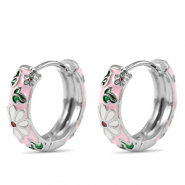 TQ metaal brass creolen met enamel bloem Silver-pink white