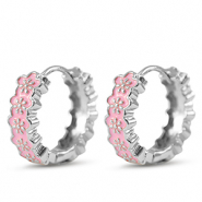TQ metaal brass creolen met enamel bloem Silver-pink