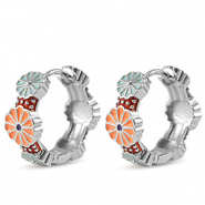 TQ metaal brass creolen met enamel bloem Silver-orange blue