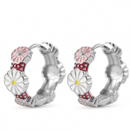 TQ metaal brass creolen met enamel bloem Silver-white pink