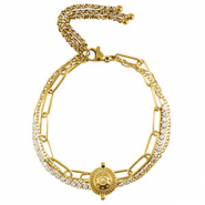 Armbanden van Stainless steel Roestvrij staal (RVS) triple layer & strass Gold