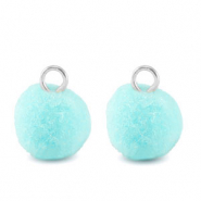 Bedels pompom met oog 10mm Silver-aquamarine blue