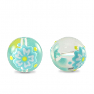 Handgeschilderde glaskralen flower Transparent-blue yellow