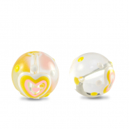 Handgeschilderde glaskralen heart Transparent-yellow white