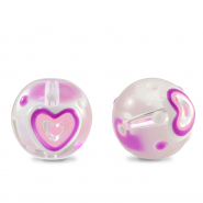 Handgeschilderde glaskralen heart Transparent-purple white