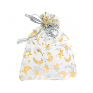 Organza sieradenzakje 9x12cm moon and star Light grey-gold