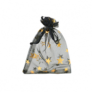 Organza sieradenzakje 7x9cm star Black-gold
