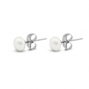 Oorbellen / oorstekers van Stainless steel Roestvrij staal (RVS) pearls 6mm Silver-pearl white