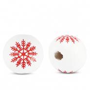 Houten kralen 16mm rond snowflake White-red