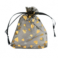 Organza sieradenzakje 9x12cm heart Black-gold