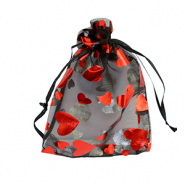 Organza sieradenzakje 9x12cm heart Black-red