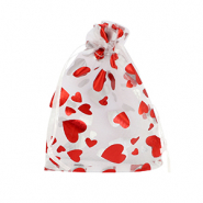 Organza sieradenzakje 9x12cm heart White-red