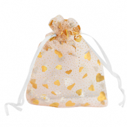 Organza sieradenzakje 9x12cm heart White-gold